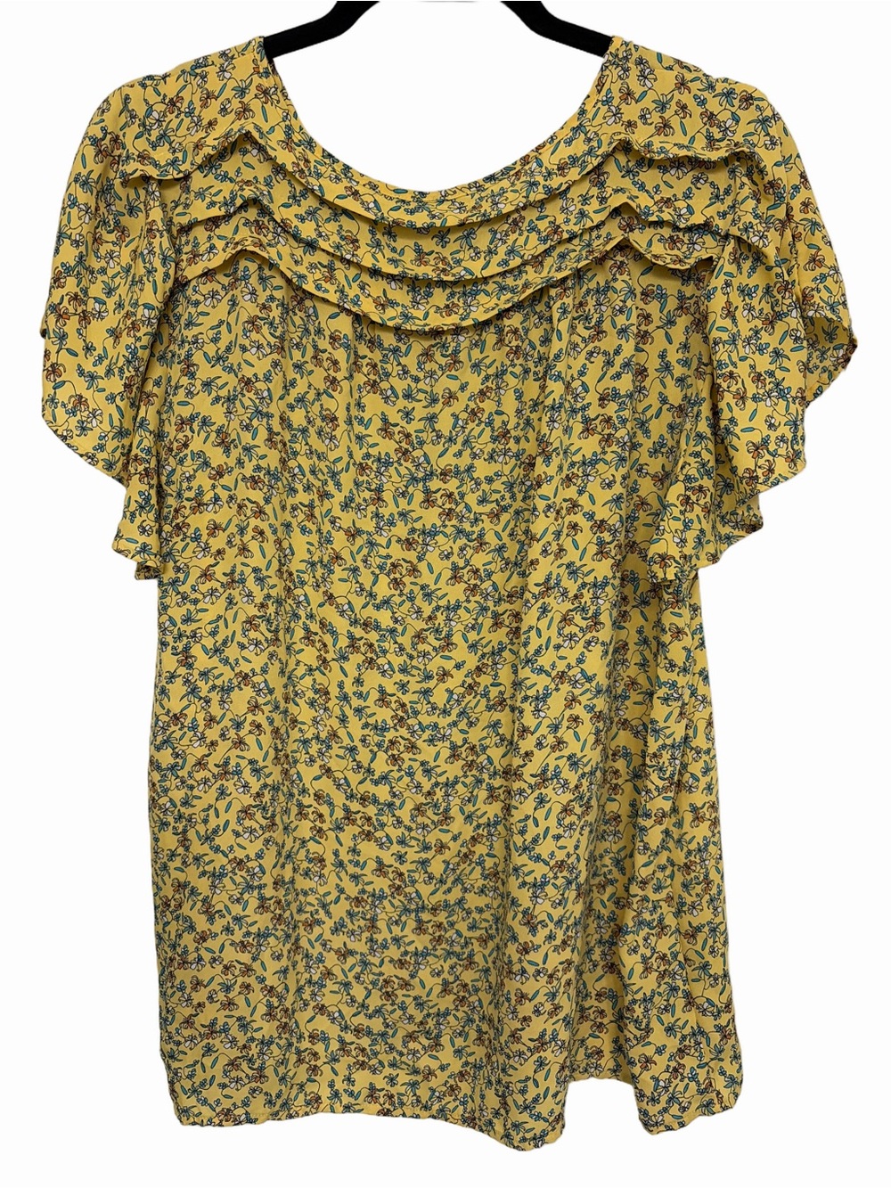 MAX STUDIO Yellow Floral Ruffle Sleeve Tie Neck Blouse - L - Picture 3 of 4